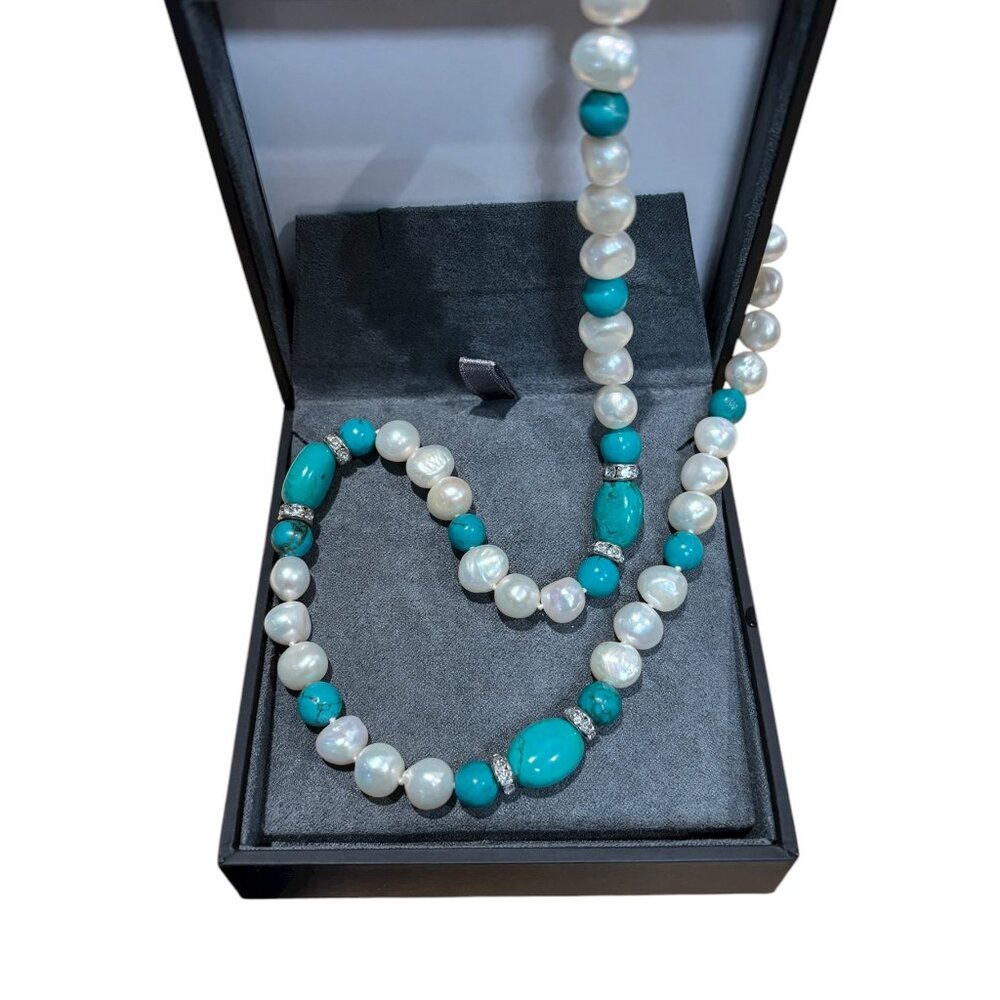 Freshwater Pearl Necklace w/Turquoise and Diamonds